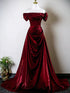 Wine Red Satin Off Shoulder A-line Evening Dress, Wine Red Satin Prom Dress